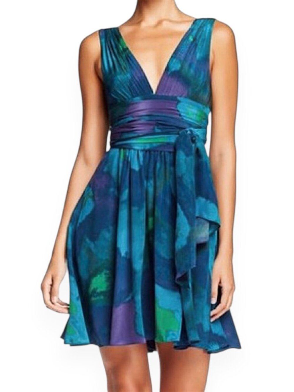 Sleeveless V-Neck Blue Green Printed Dress